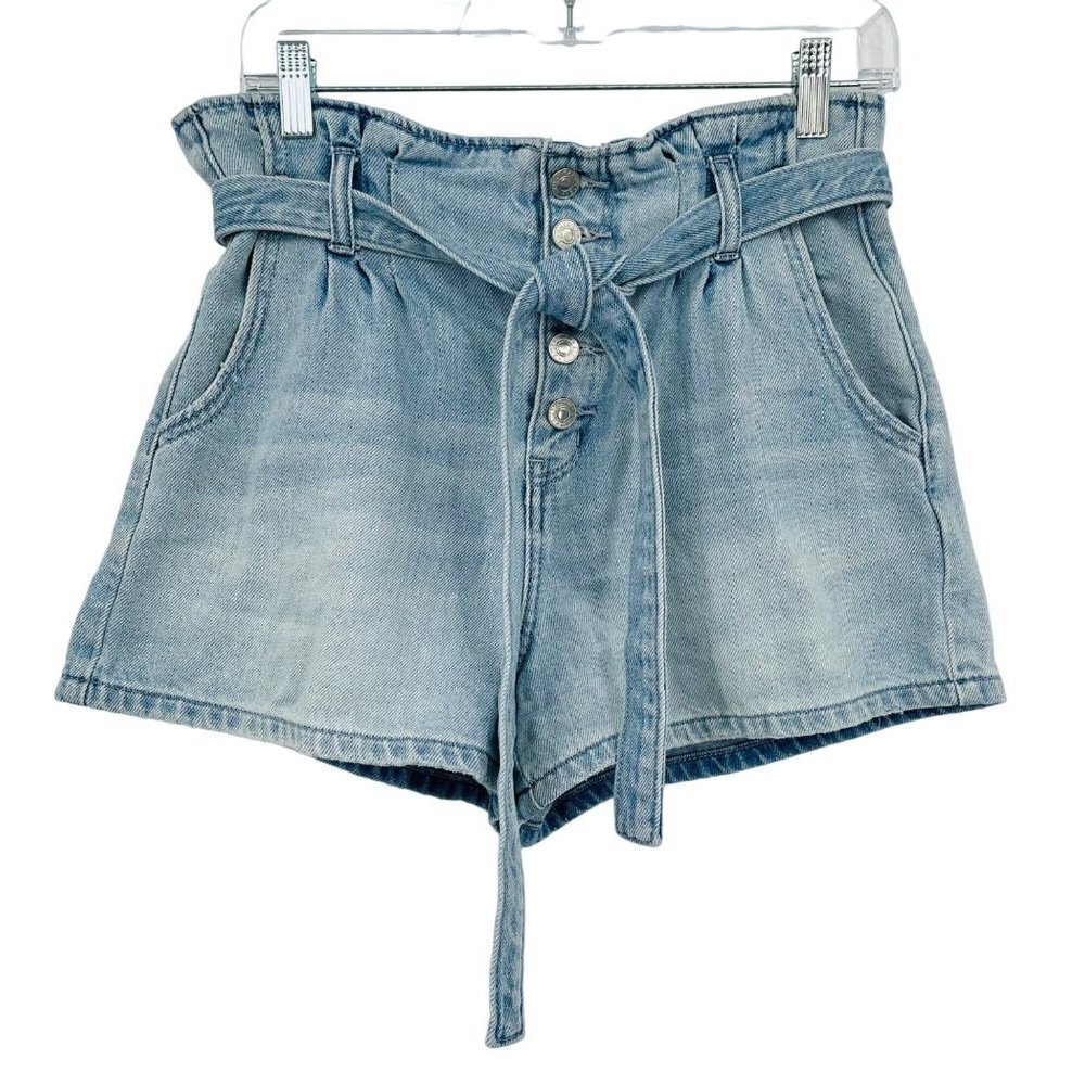 American Eagle Mom Shorts Womens 4 Blue High Waist Paper Bag Tie Belt Denim
